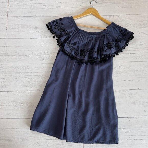 Umgee Dress Womens Size Medium Navy and Black Off the Shoulder Pom Poms Mini - Picture 13 of 14